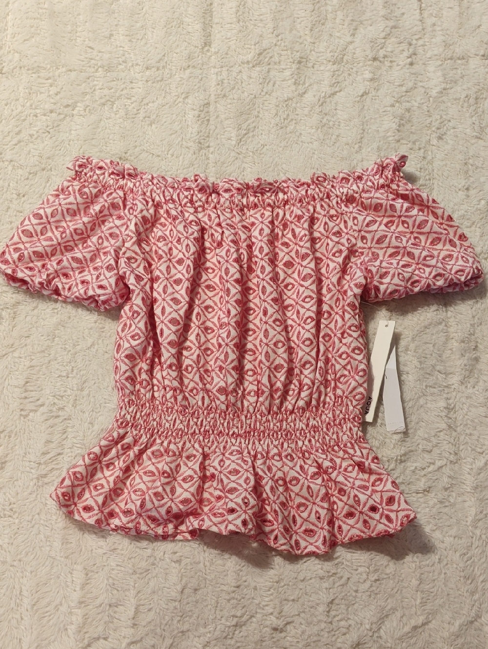 NWT Aqua Pink Patterned Off-Shoulder Smocked Peplum Top